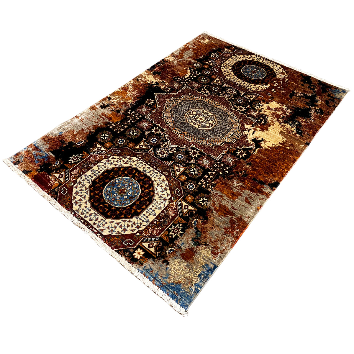 Mamluk rug 184x124 cm with medallion layout, dark pattern and blue accent