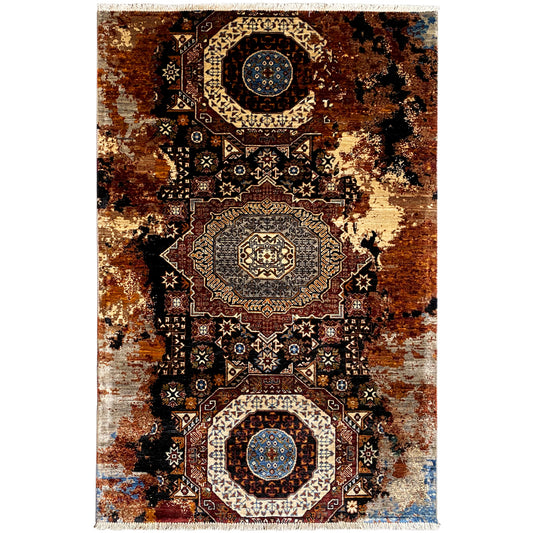Mamluk rug 184x124 cm with a brown-beige mosaic pattern and blue medallions