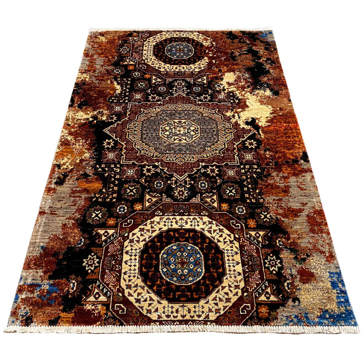 Hand-knotted Mamluk rug in a wide view with a geometric ornamental pattern