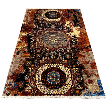 Hand-knotted Mamluk rug in a wide view with a geometric ornamental pattern