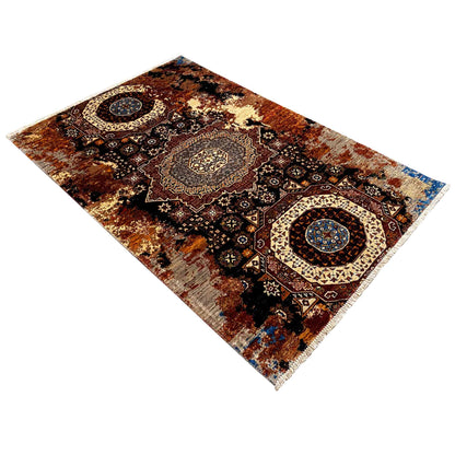 Hand-knotted Mamluk rug spread diagonally with decorative medallions and patterns