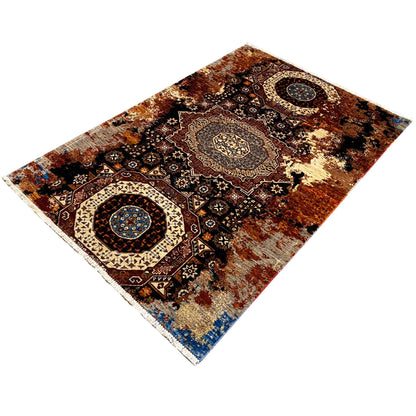 Hand-knotted Mamluk rug diagonal, with a central medallion and fine ornamental inlay
