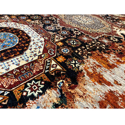 Hand-knotted Mamluk rug: close-up of the ornamental pattern and texture
