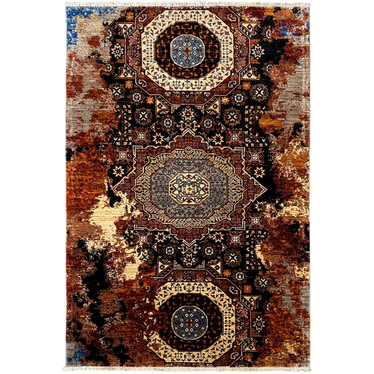 Hand-knotted Mamluk rug with a brown and blue medallion design and ornaments