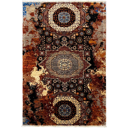 Hand-knotted Mamluk rug with a brown and blue medallion design and ornaments