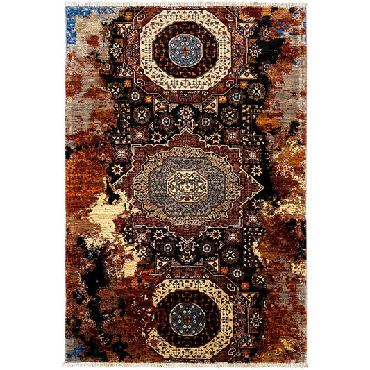Hand-knotted Mamluk rug with a brown and blue medallion design and ornaments