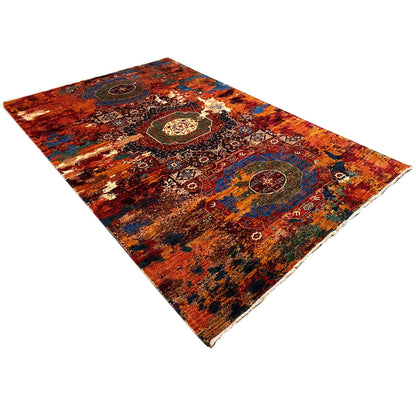 Hand-knotted Mamluk rug, spread diagonally, red and blue ornamental fields