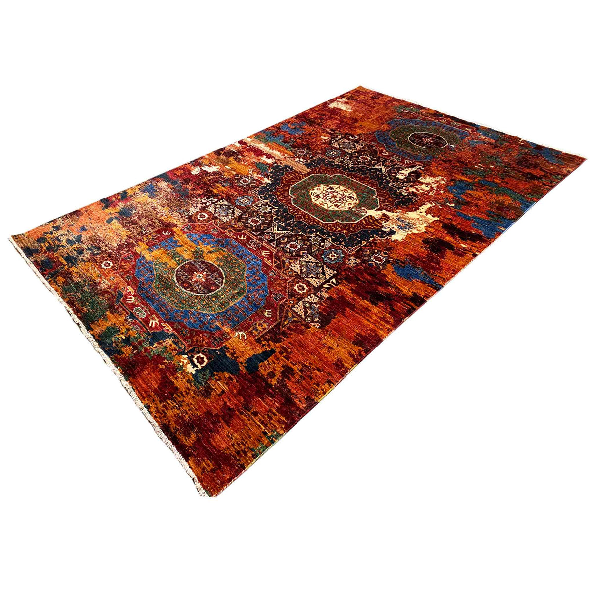Hand-knotted Mamluk rug, presented rotated, red-orange, blue, and geometric patterns
