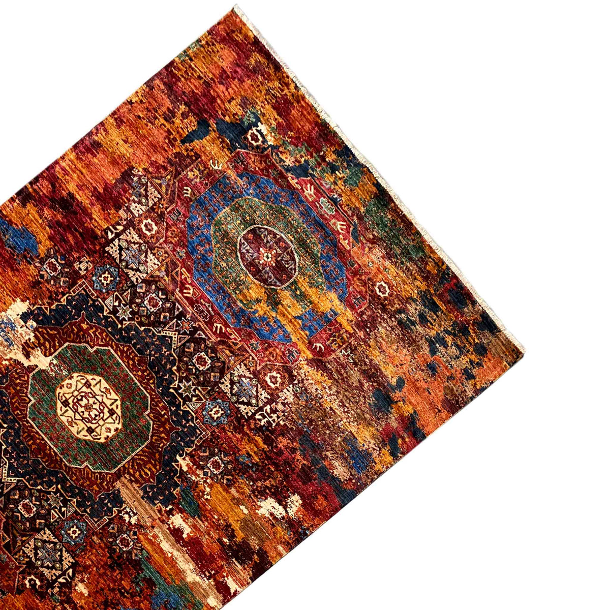 Hand-knotted Mamluk rug, corner view with border and pattern in red-orange and blue