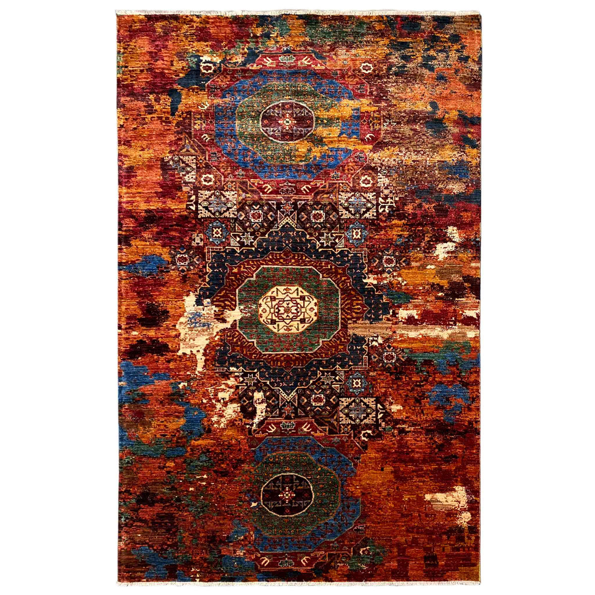 Hand-knotted Mamluk rug with ornaments, red-orange and blue, central medallion