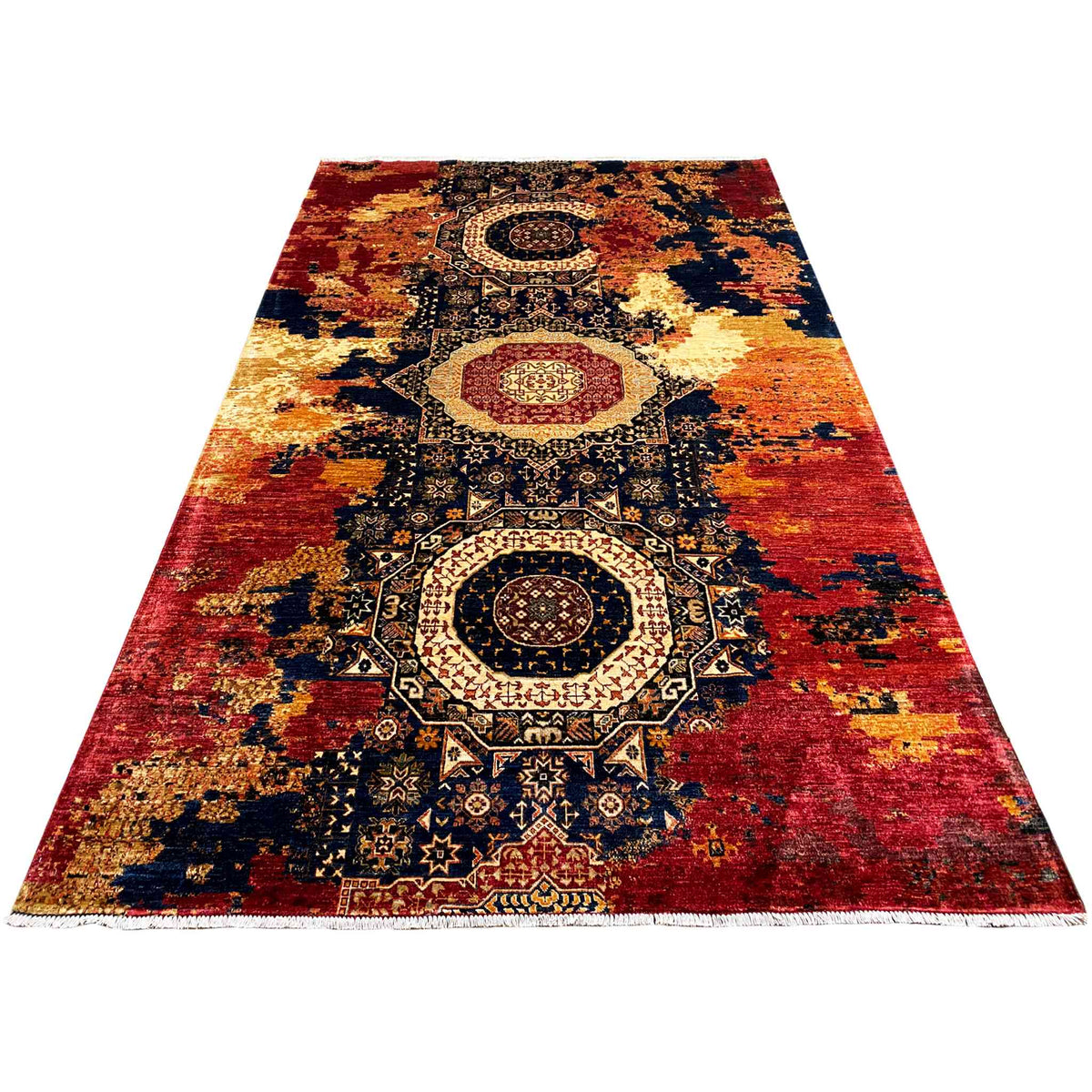 Mamluk wool rug, red and beige patchwork with blue ornaments, elongated format