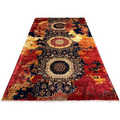 Mamluk wool rug, red and beige patchwork with blue ornaments, elongated format