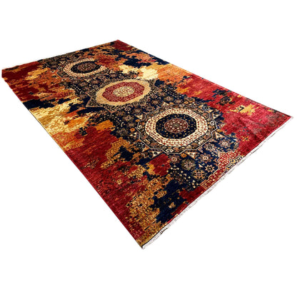 Mamluk wool rug in a diagonal design, red and blue ornamental pattern with medallions