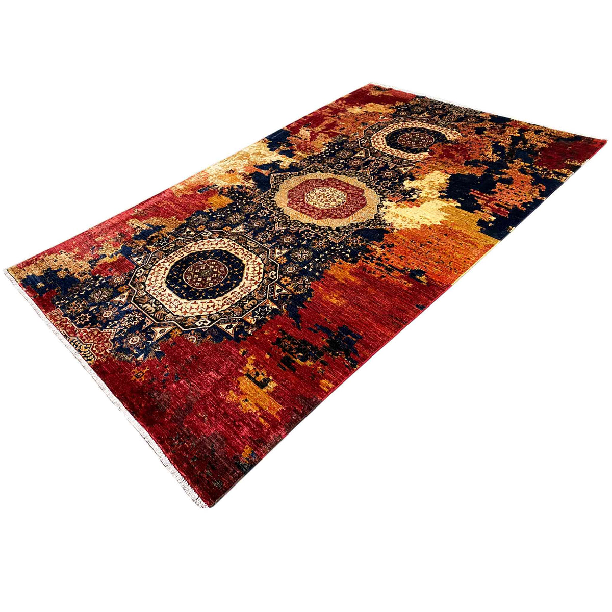 Mamluk wool rug with a red background and blue-beige ornamental circles, bordered edge