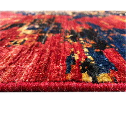Mamluk wool rug, pile detail: red and blue pattern, unfinished rug edge