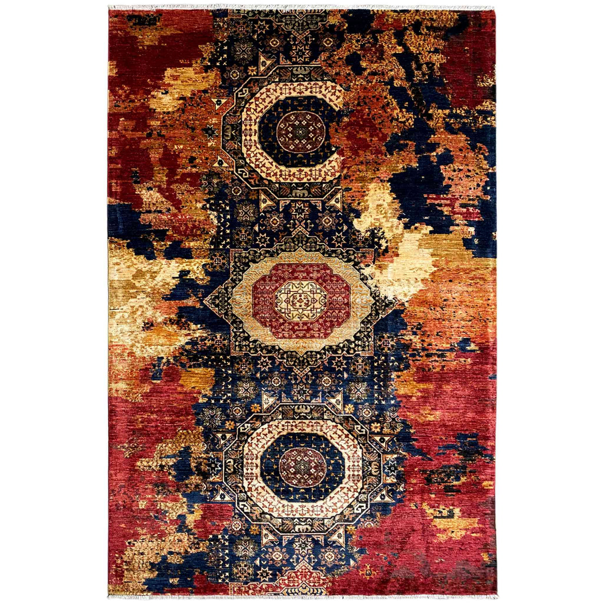 Mamluk wool rug with a red, beige, and blue patchwork pattern and central medallions