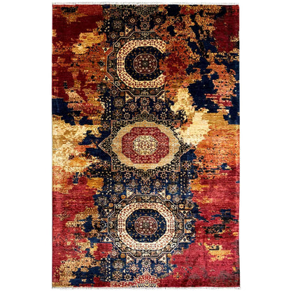 Mamluk wool rug with a red, beige, and blue patchwork pattern and central medallions