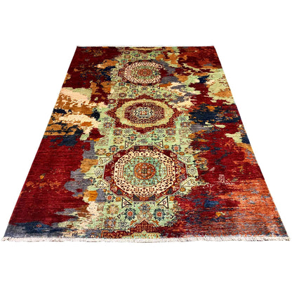 Hand-knotted Mamluk rug, overall twisted design: red field with medallions, multicolored