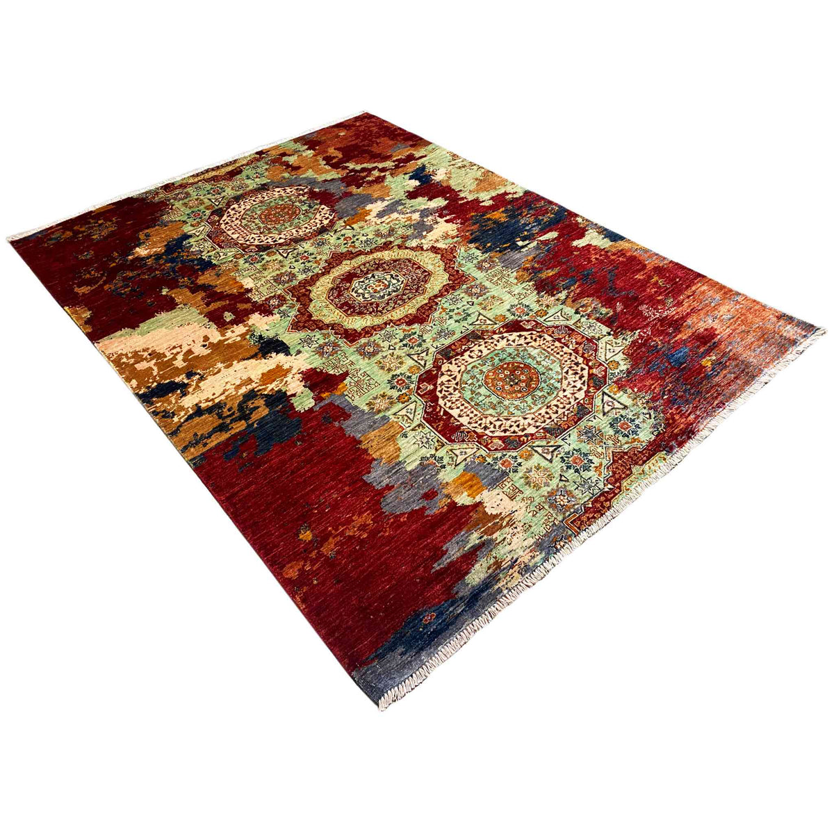 Hand-knotted Mamluk rug, diagonal view: red pattern with circular medallions