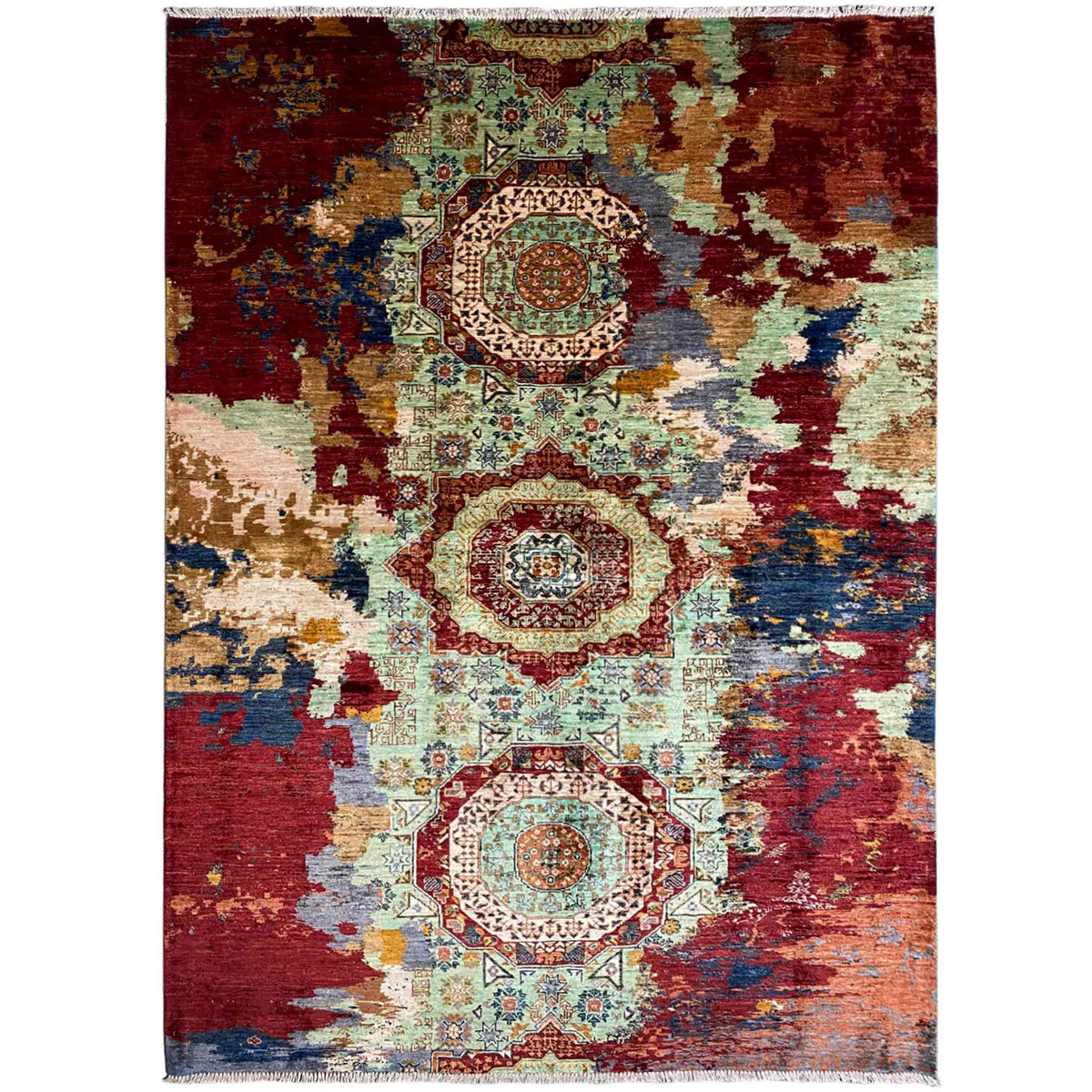 Hand-knotted Mamluk rug, red base pattern with circular motifs, multicolored, 237x176 cm