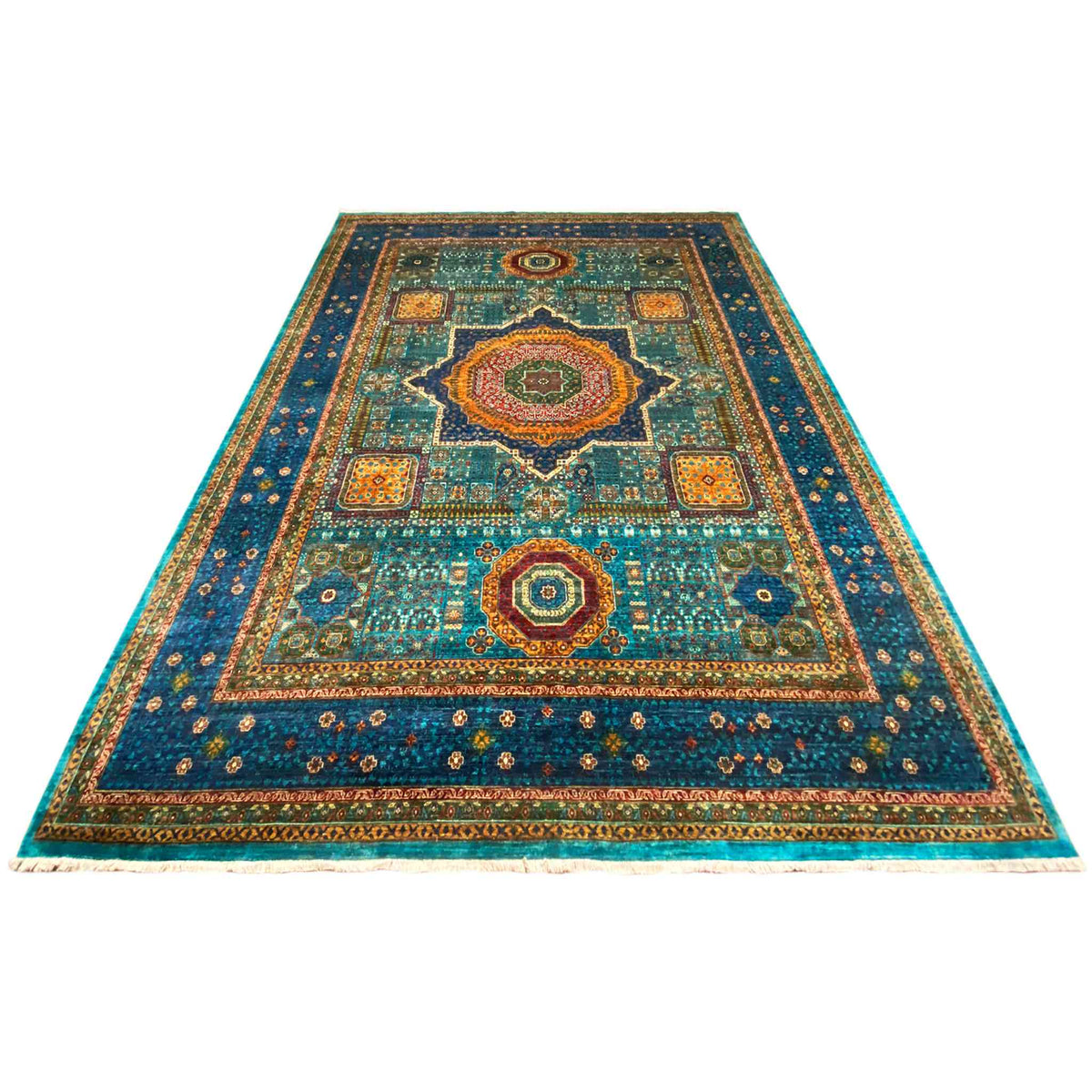 Blue rug with a geometric pattern, central medallion, and wide border