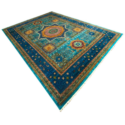 Blue carpet with colorful circular and diamond motifs, ornate border