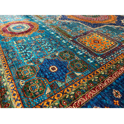 Blue carpet detail with fine diamonds, mini medallions, and colorful accents