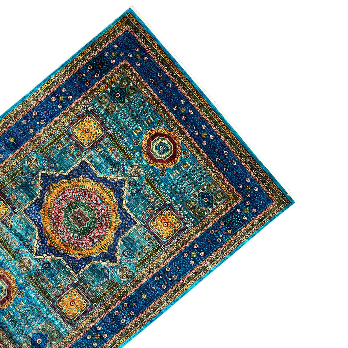 Blue carpet with a blue-and-yellow border, floral circular motifs, and corner patterns
