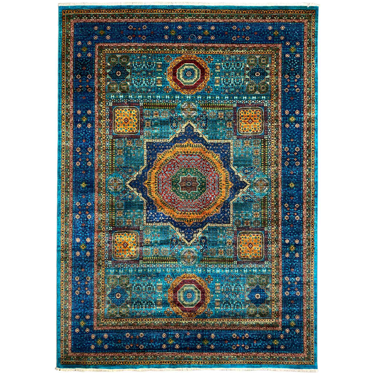 Blue, hand-knotted rug with a medallion design and surrounding border frame