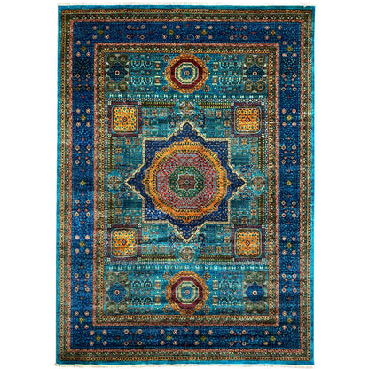 Blue, hand-knotted rug with a medallion design and surrounding border frame
