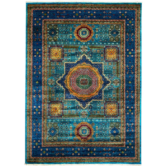 Blue, hand-knotted rug with a medallion design and surrounding border frame