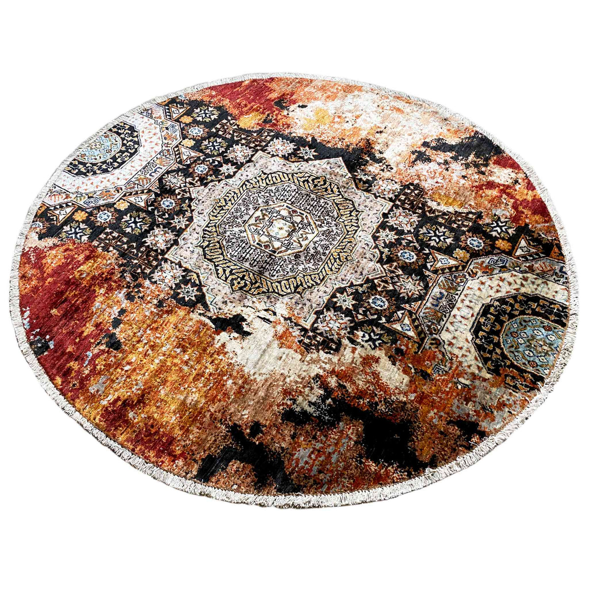 Round rug with an oriental patchwork pattern in black, red, and beige