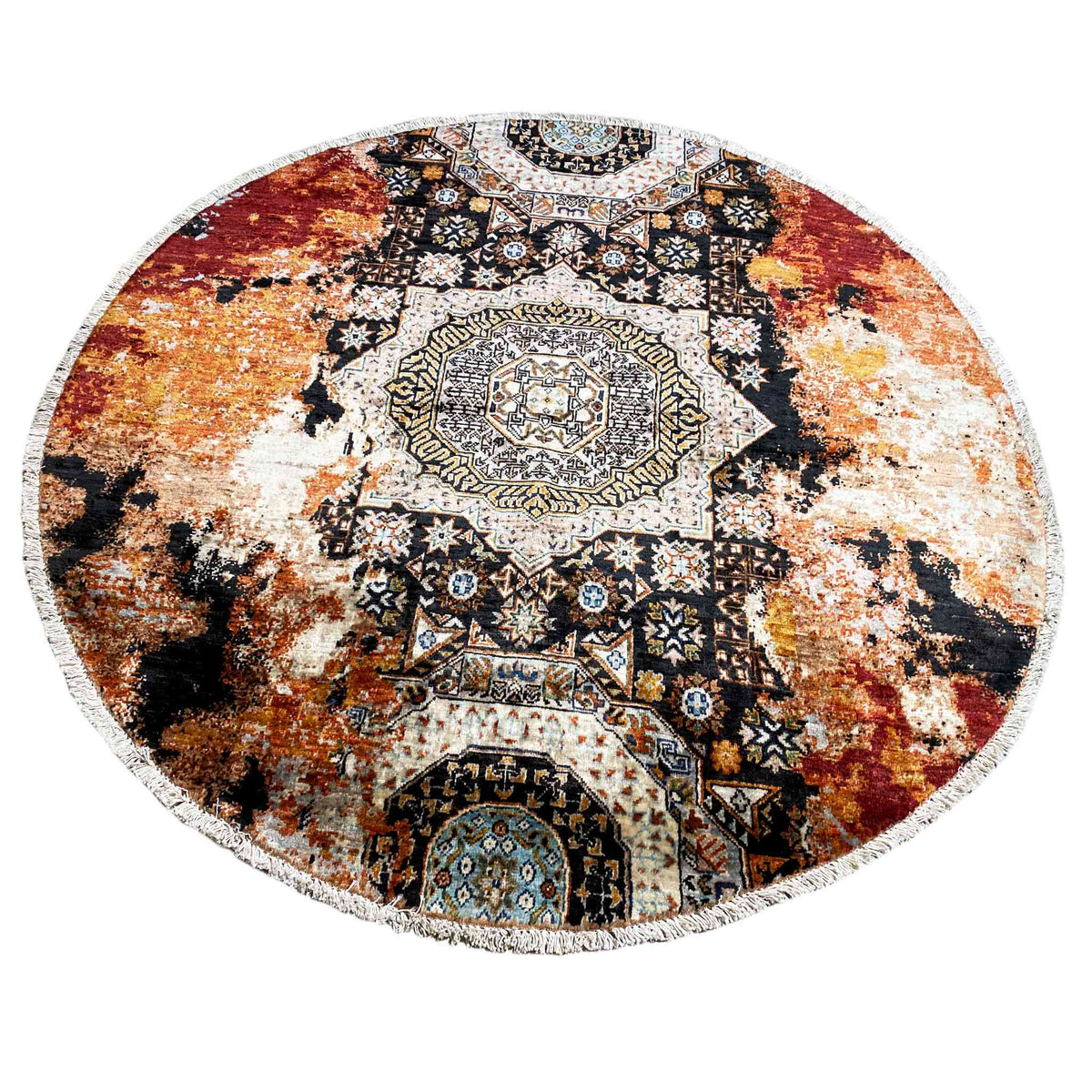 Round rug with a central medallion and star ornaments in red, beige, and black