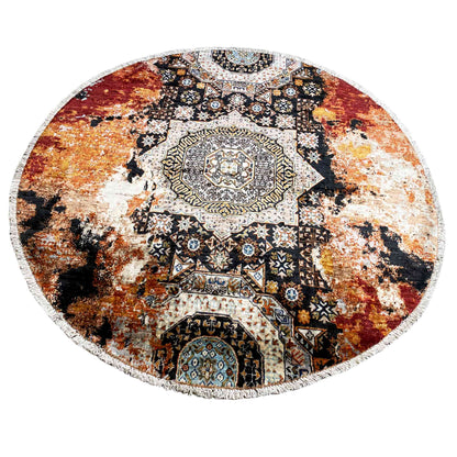 Round rug with a central medallion and star ornaments in red, beige, and black