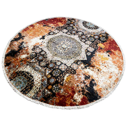 Round rug with a vintage look, red border, and black and beige ornaments