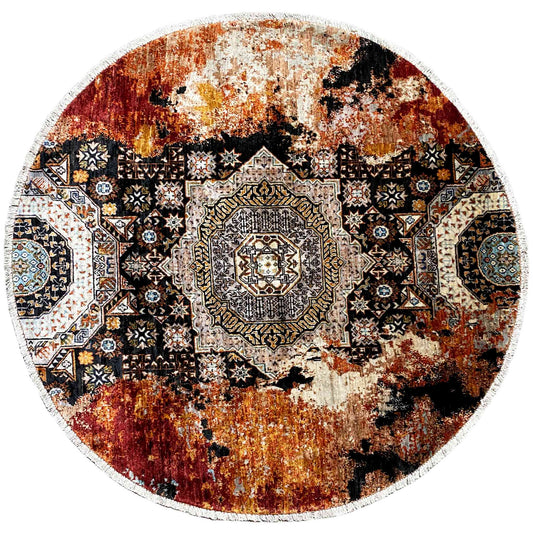 Round hand-knotted rug, red and beige, with a geometric medallion pattern and fringes