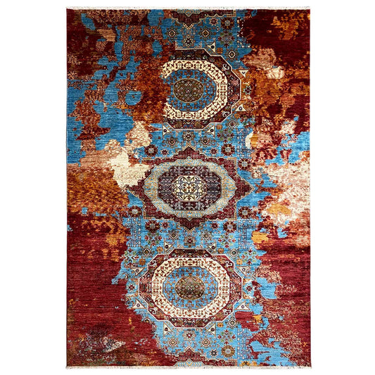 Hand-knotted rug with an oriental medallion pattern, red and blue tones