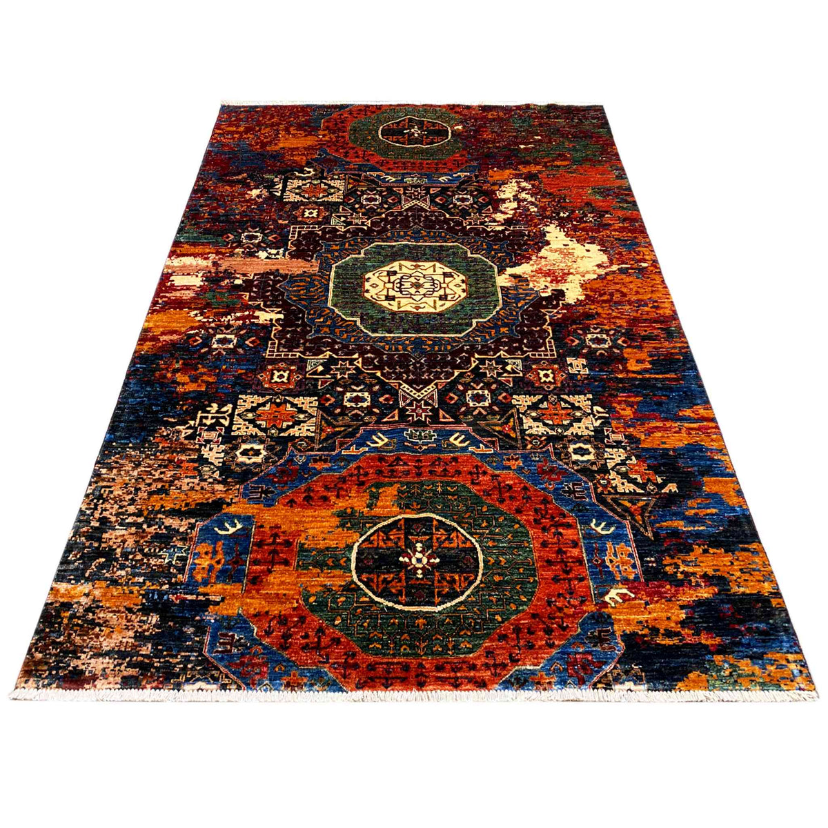 Afghan Mamluk rug, rectangular, colorful medallion design in orange, blue, and black
