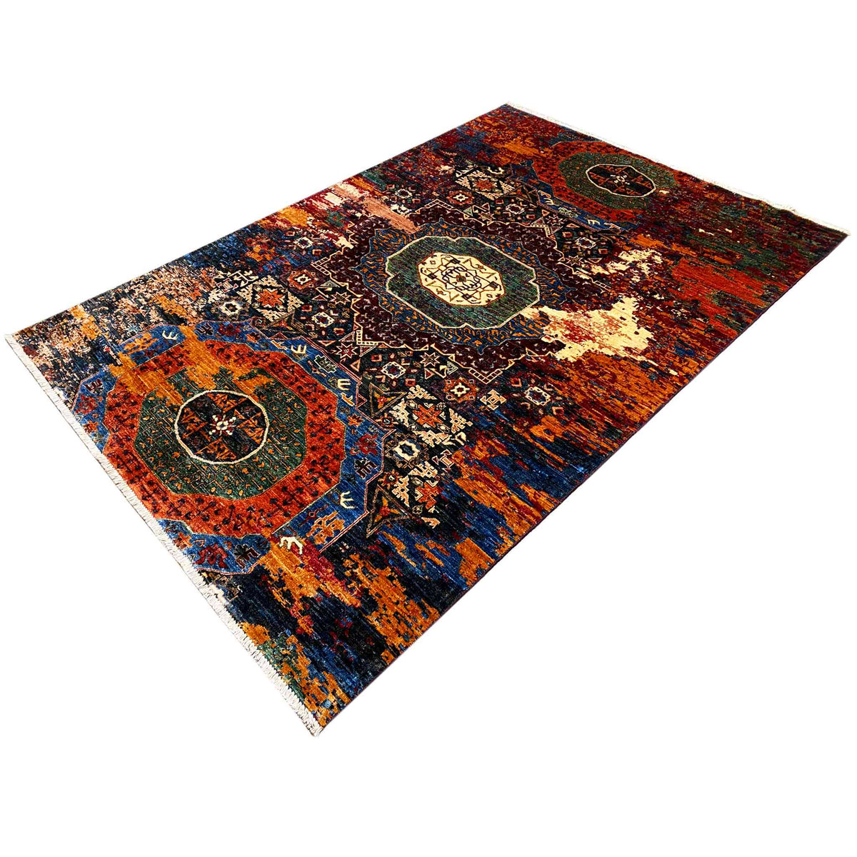 Afghan Mamluk rug, colorful: central medallion and diamonds in orange, blue, and dark tones