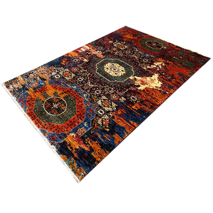 Afghan Mamluk rug, colorful: central medallion and diamonds in orange, blue, and dark tones