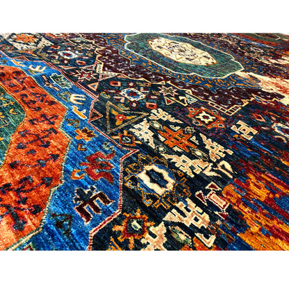 Afghan Mamluk rug, close-up: geometric ornaments in blue, orange, and dark brown