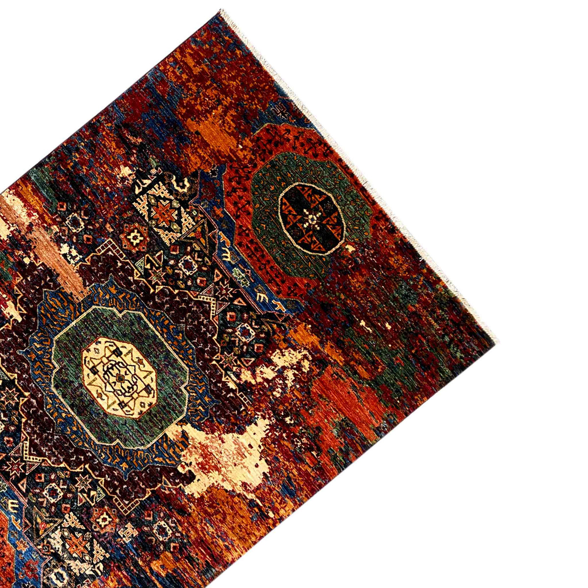 Afghan Mamluk carpet, corner view: medallion and ornaments in orange and blue