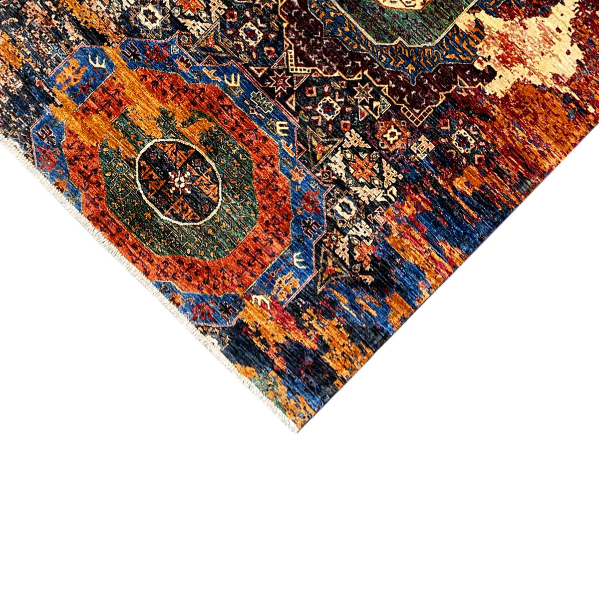 Afghan Mamluk carpet, close-up of the border: pattern in blue, orange, and dark green