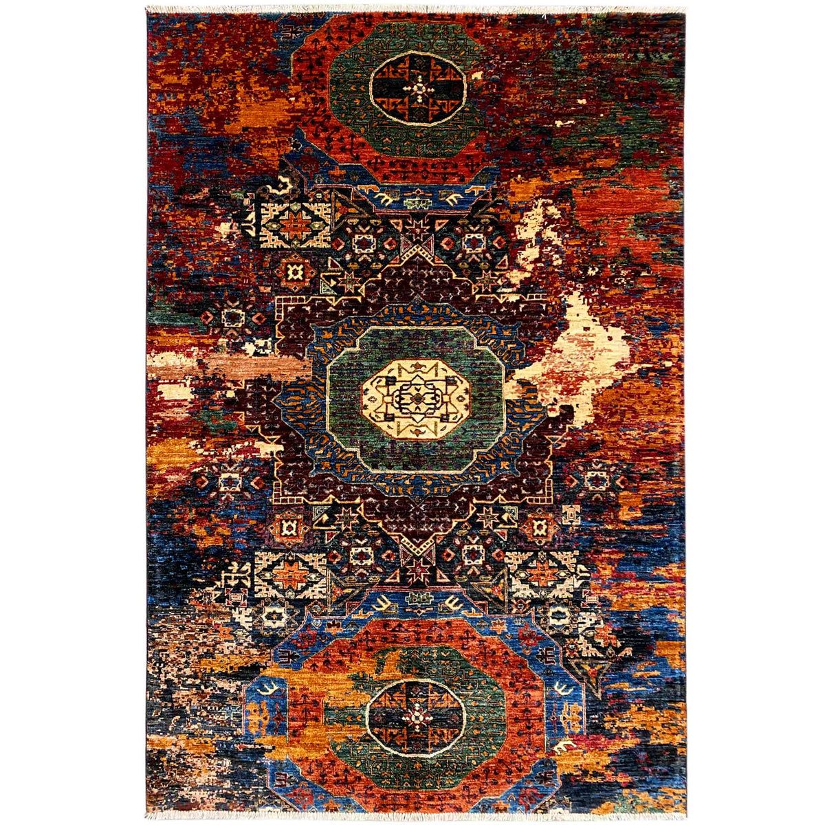 Afghan Mamluk rug, multicolored: medallion pattern in orange, blue, and dark brown