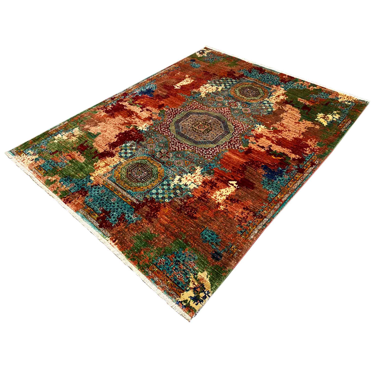 Mamluk rug 236x180 cm with central ornamental medallions, vintage color blocks, and fringed edges