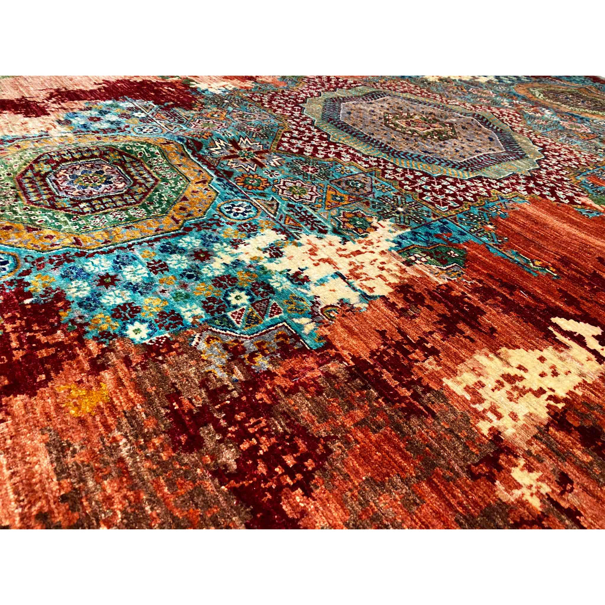 Mamluk rug 236x180 cm, detailed view of the ornaments in red, teal, and cream