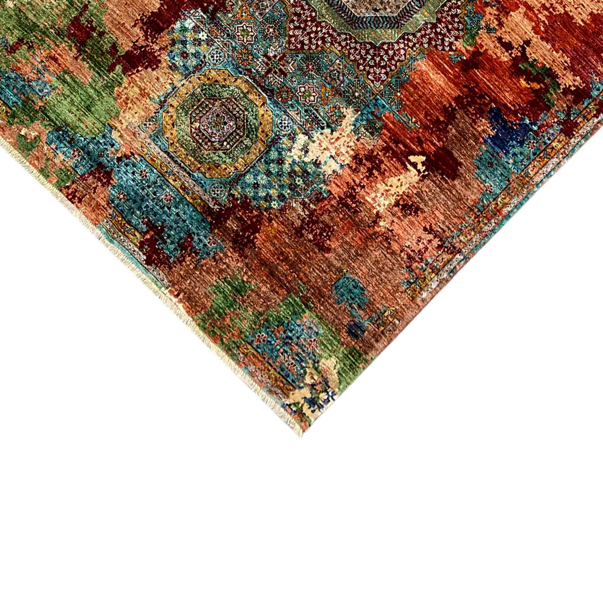 Mamluk rug 236x180 cm corner detail: floral border with turquoise and red ornaments