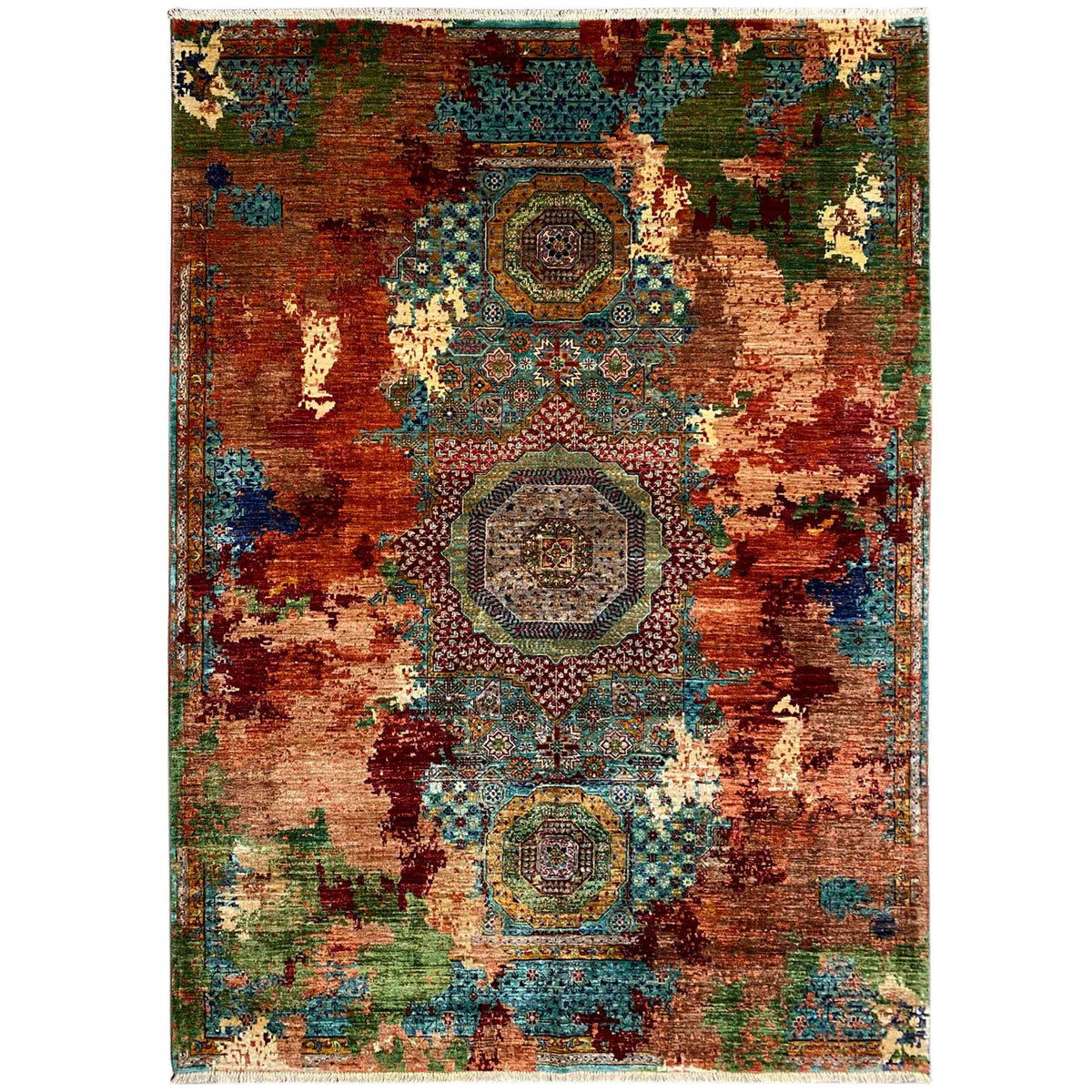 Mamluk rug 236x180 cm with abstract medallions in red, turquoise, and green