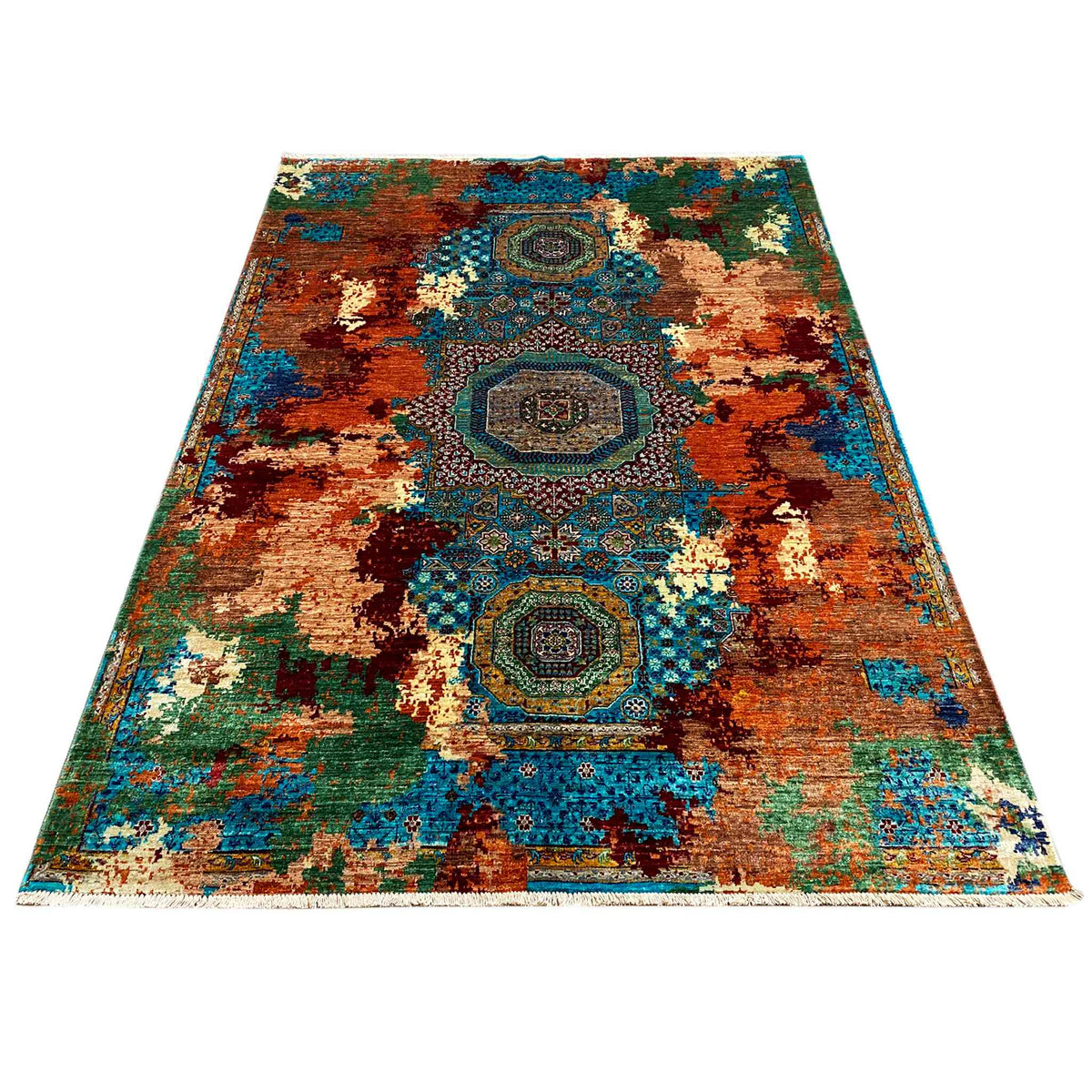 Mamluk rug with medallion pattern in rust brown, teal, green and beige, rectangular