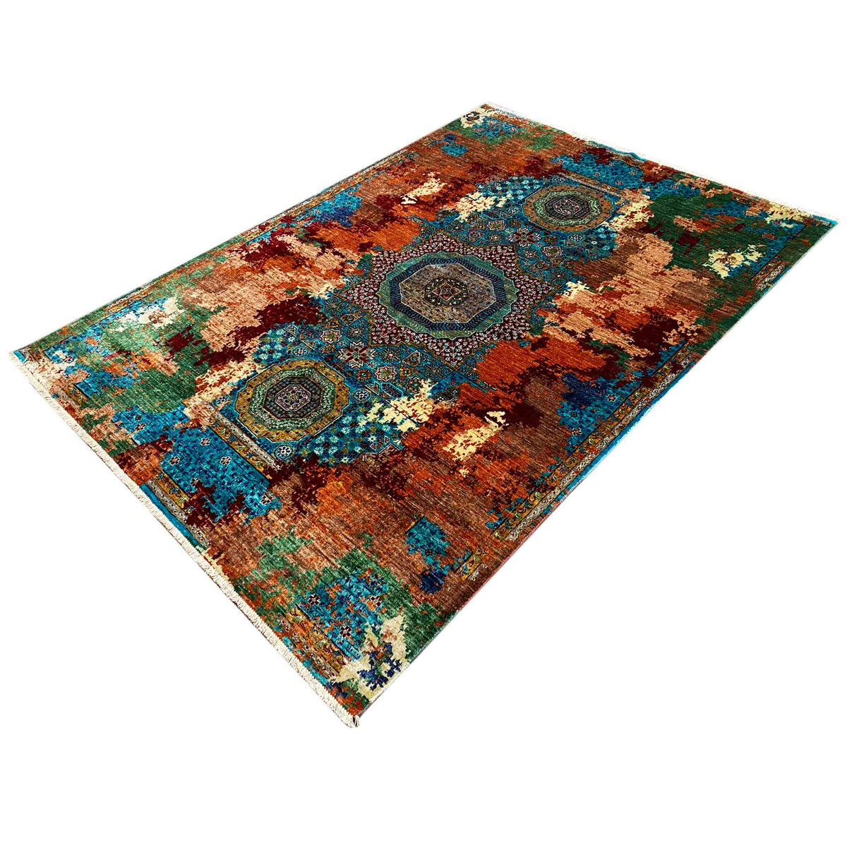 Mamluk rug with medallions and flecked pattern, rust brown, turquoise blue, and greenish